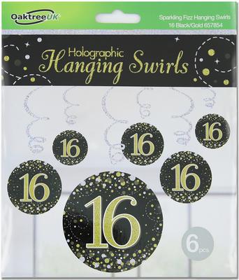 Oaktree Sparkling Fizz Hanging Swirls 16th Black / Gold 6pcs - Partyware