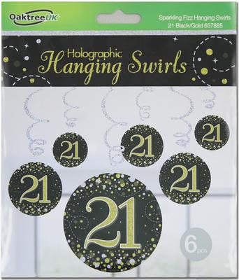 Oaktree Sparkling Fizz Hanging Swirls 21st Black / Gold 6pcs - Partyware