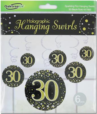 Oaktree Sparkling Fizz Hanging Swirls 30th Black / Gold 6pcs - Partyware