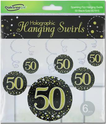 Oaktree Sparkling Fizz Hanging Swirls 50th Black / Gold 6pcs - Partyware