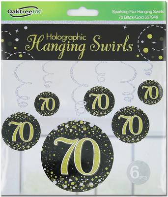 Oaktree Sparkling Fizz Hanging Swirls 70th Black / Gold 6pcs - Partyware